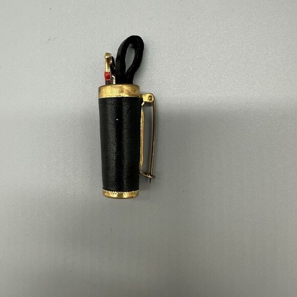 Vintage Cane Holder Brooch Pin Jacket Hat Brooch Gold Tone Black Leather 2” - Picture 2 of 6
